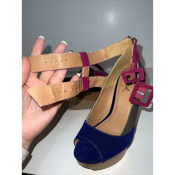 Qupid LISBETH shoes Women Sz 6.5 Ankle Strap Buckle Wedge Platform Sandals Blue - Picture 12 of 12